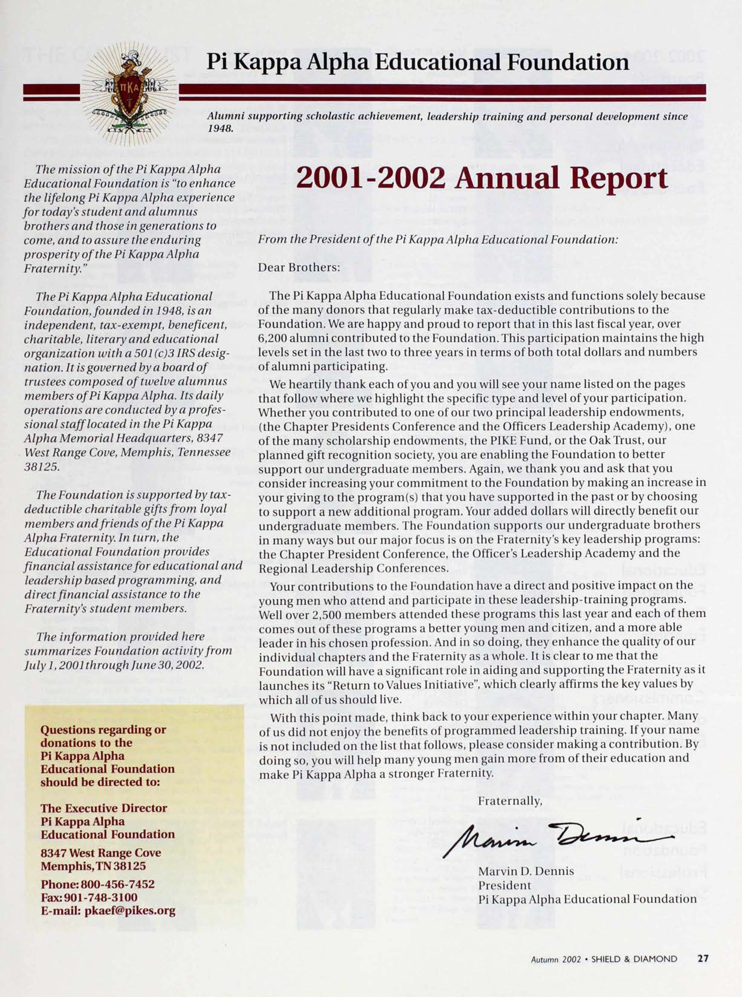Pi Kappa Alpha Educational Foundation: 2001-2002 Annual Report, Autumn 2002
